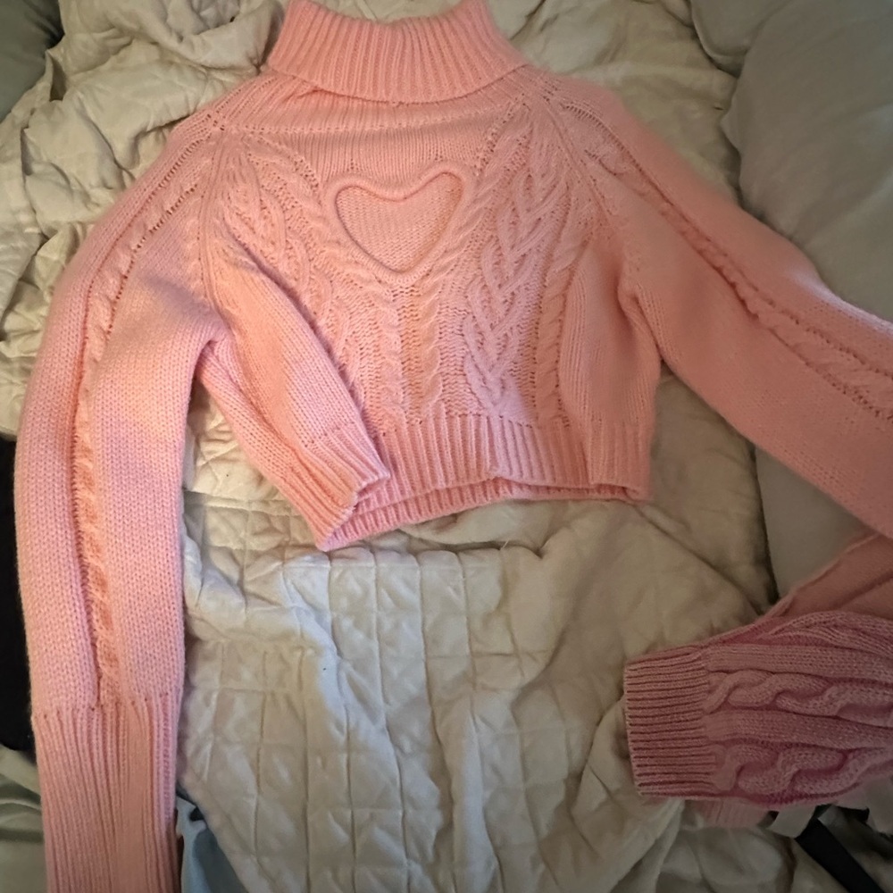 ROMWE Pink Heart Cable Knit Turtleneck Sweater